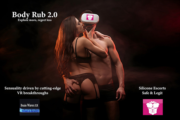 Woman almost nude kissing a man wearing an Ohmydoll virtual reality headset in a body rub location