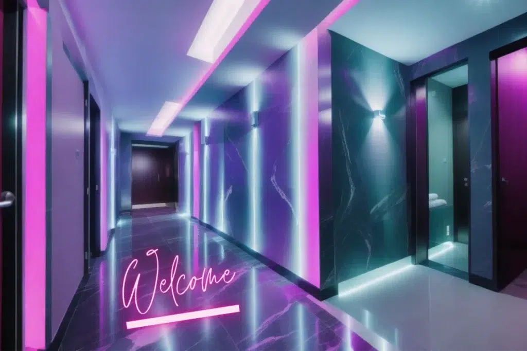 A hallway of Ohmydoll adult sex parlour located in Montreal